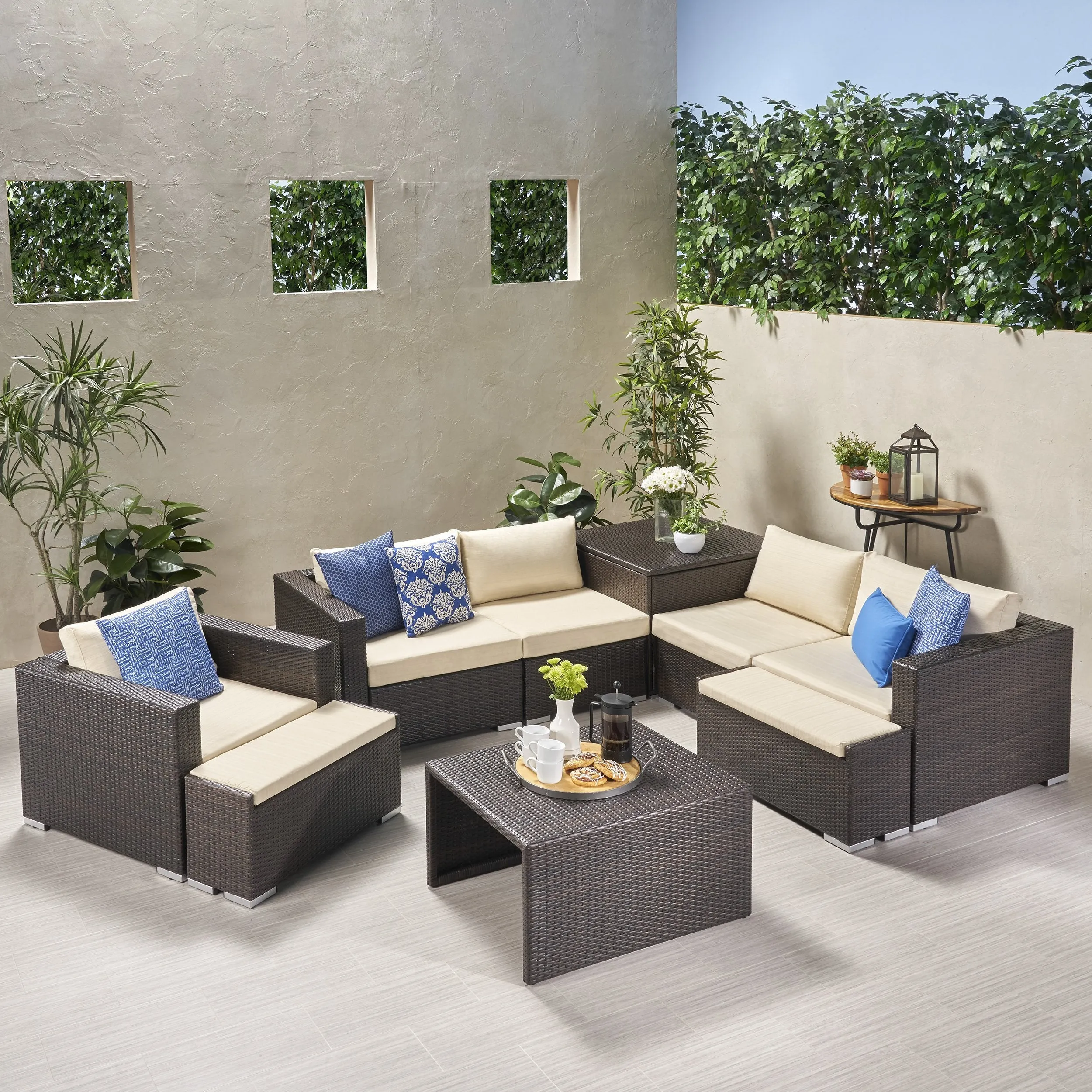 Outdoor 5 Seater V Shaped Wicker Storage Sectional Sofa Set with Ottomans - NH969903 patio chairs, outdoor seating