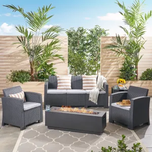 Outdoor 5-Seater Wicker Print Chat Set with Fire Pit and Tank Holder, Charcoal with Light Gray and Dark Gray - NH533603 patio chairs, outdoor seating