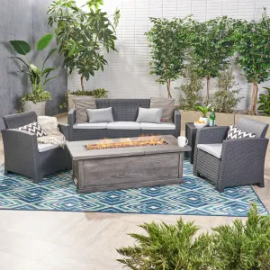 Outdoor 5-Seater Wicker Print Chat Set with Fire Pit and Tank Holder - NH133603 patio chairs, outdoor seating