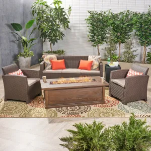 Outdoor 5-Seater Wicker Print Chat Set with Fire Pit and Tank Holder - NH913603 patio chairs, outdoor seating