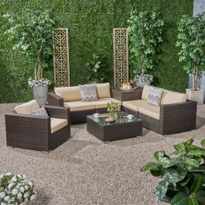 Outdoor 5 Seater Wicker Sectional Sofa Set with Storage Ottoman and Sunbrella Cushions - NH205803 patio chairs, outdoor seating