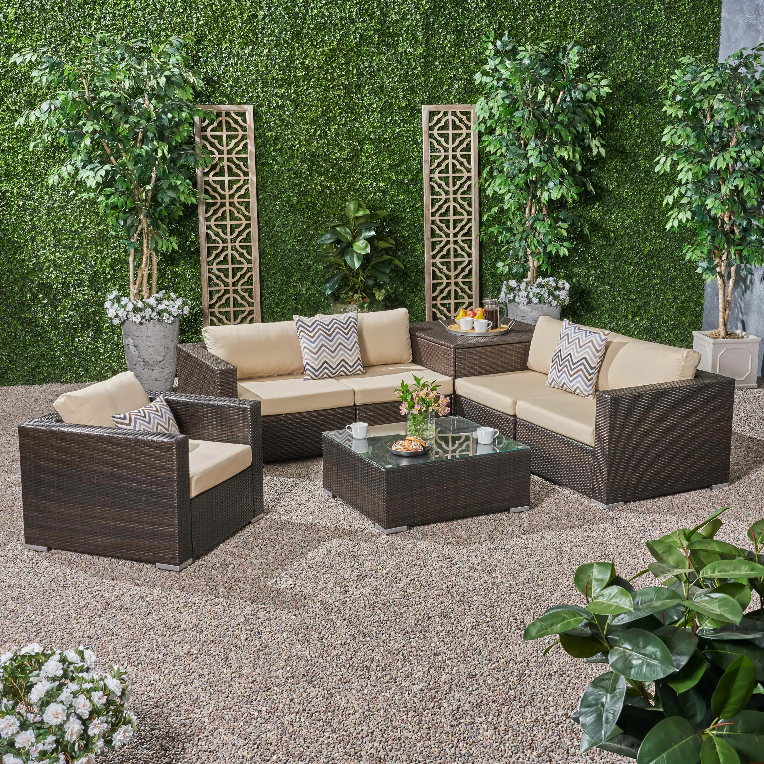 Outdoor 5 Seater Wicker Sectional Sofa Set with Storage Ottoman and Sunbrella Cushions - NH205803 patio chairs, outdoor seating