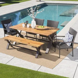 Outdoor 6 Piece Acacia Wood Dining Set with Wicker Stacking Chairs - NH197203 patio chairs, outdoor seating