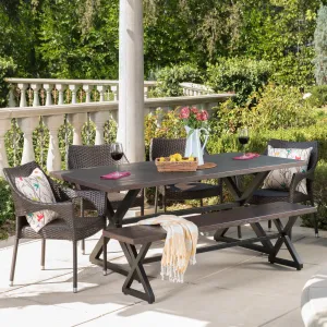 Outdoor 6 Piece Aluminum Dining Set with Bench and Stacking Chairs - NH005203 patio chairs, outdoor seating