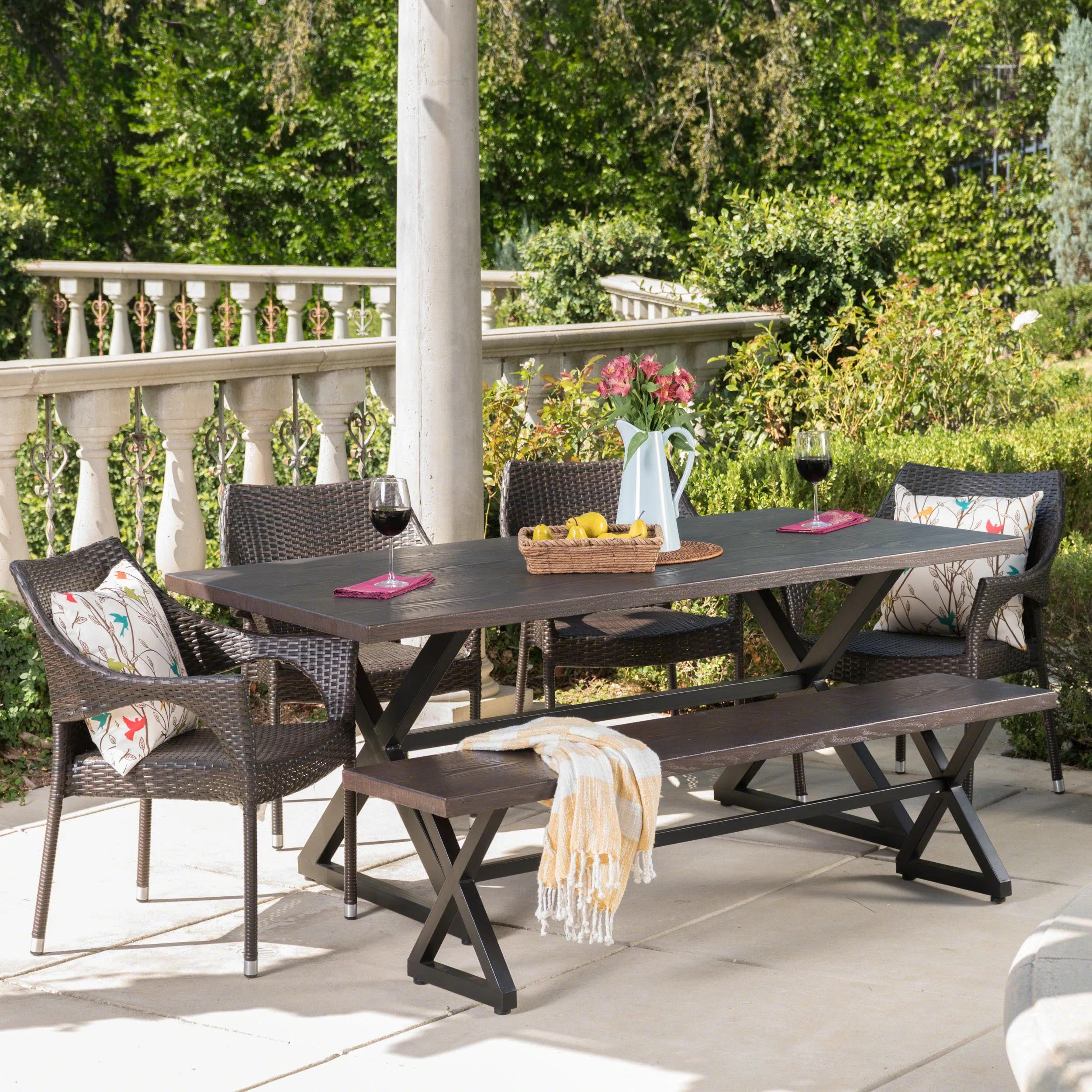 Outdoor 6 Piece Aluminum Dining Set with Bench and Stacking Chairs - NH005203 patio chairs, outdoor seating