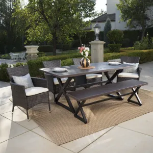 Outdoor 6 Piece Aluminum Dining Set with Bench and Wicker Dining Chairs - NH615203 patio chairs, outdoor seating