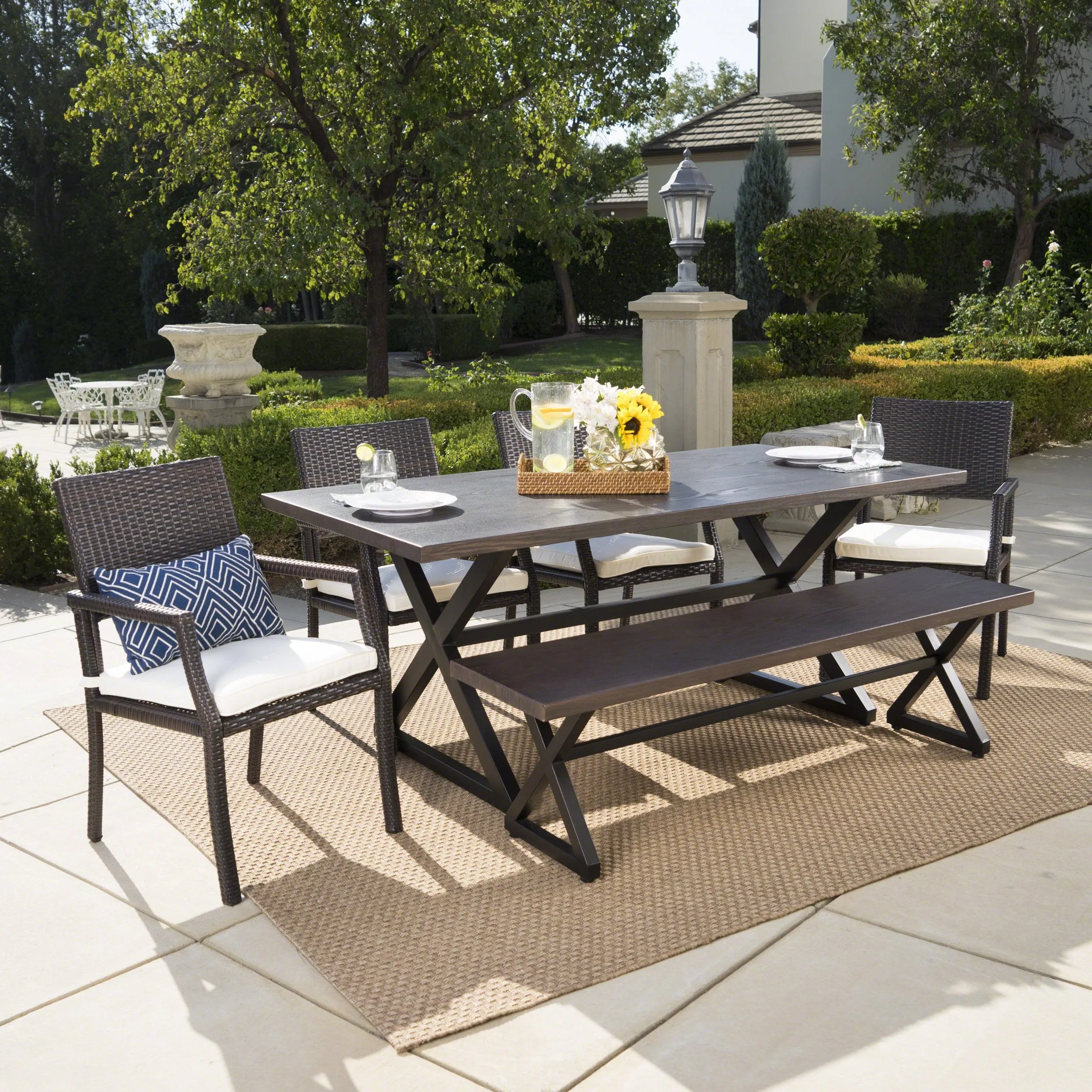 Outdoor 6 Piece Aluminum Dining Set with Bench and Wicker Dining Chairs - NH894203 patio chairs, outdoor seating