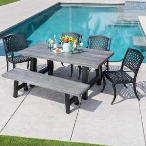 Outdoor 6 Piece Black Sand Aluminum Dining Set with Light Weight Concrete Table and Bench - NH108303 patio chairs, outdoor seating