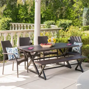 Outdoor 6 Piece Brown Aluminum Dining Set with Bench and Wicker Chairs - NH994203 patio chairs, outdoor seating