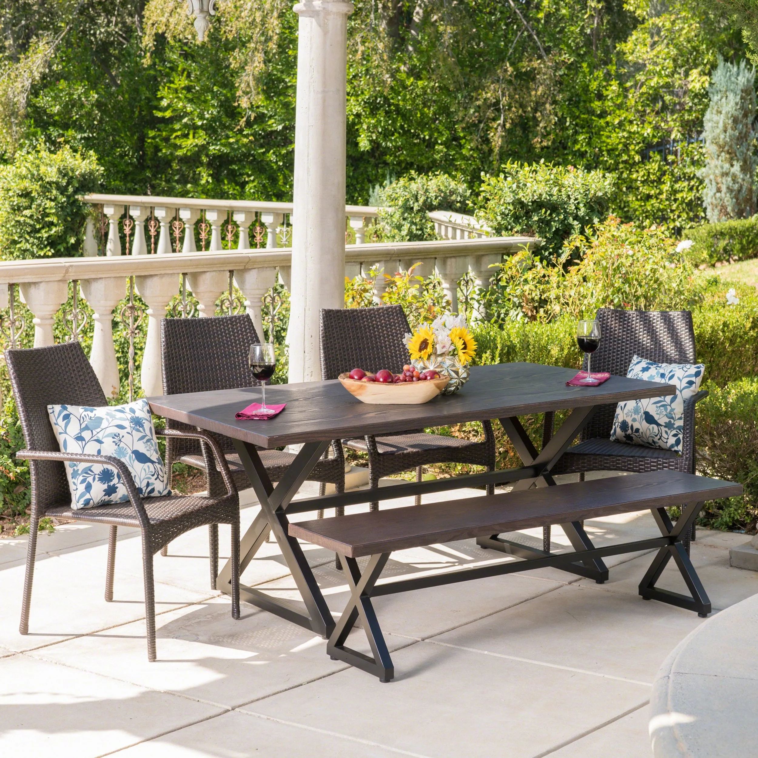 Outdoor 6 Piece Brown Aluminum Dining Set with Bench and Wicker Chairs - NH994203 patio chairs, outdoor seating