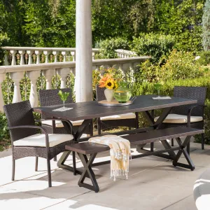 Outdoor 6 Piece Brown Aluminum Dining Set with Bench and Wicker Dining Chairs - NH494203 patio chairs, outdoor seating