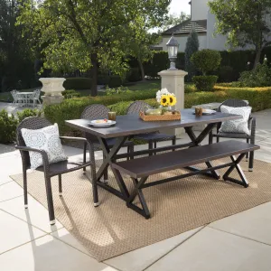 Outdoor 6 Piece Brown Aluminum Dining Set with Multi-brown Stacking Chairs - NH407203 patio chairs, outdoor seating