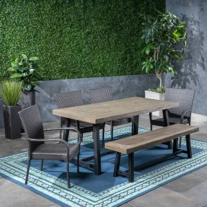 Outdoor 6 Piece Dining Set with Stacking Wicker Chairs and Bench - NH242603 patio chairs, outdoor seating