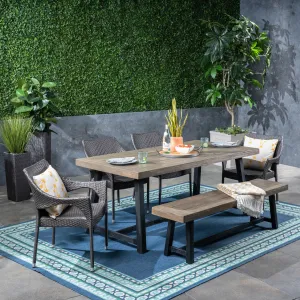 Outdoor 6 Piece Dining Set with Stacking Wicker Chairs and Bench - NH442603 patio chairs, outdoor seating