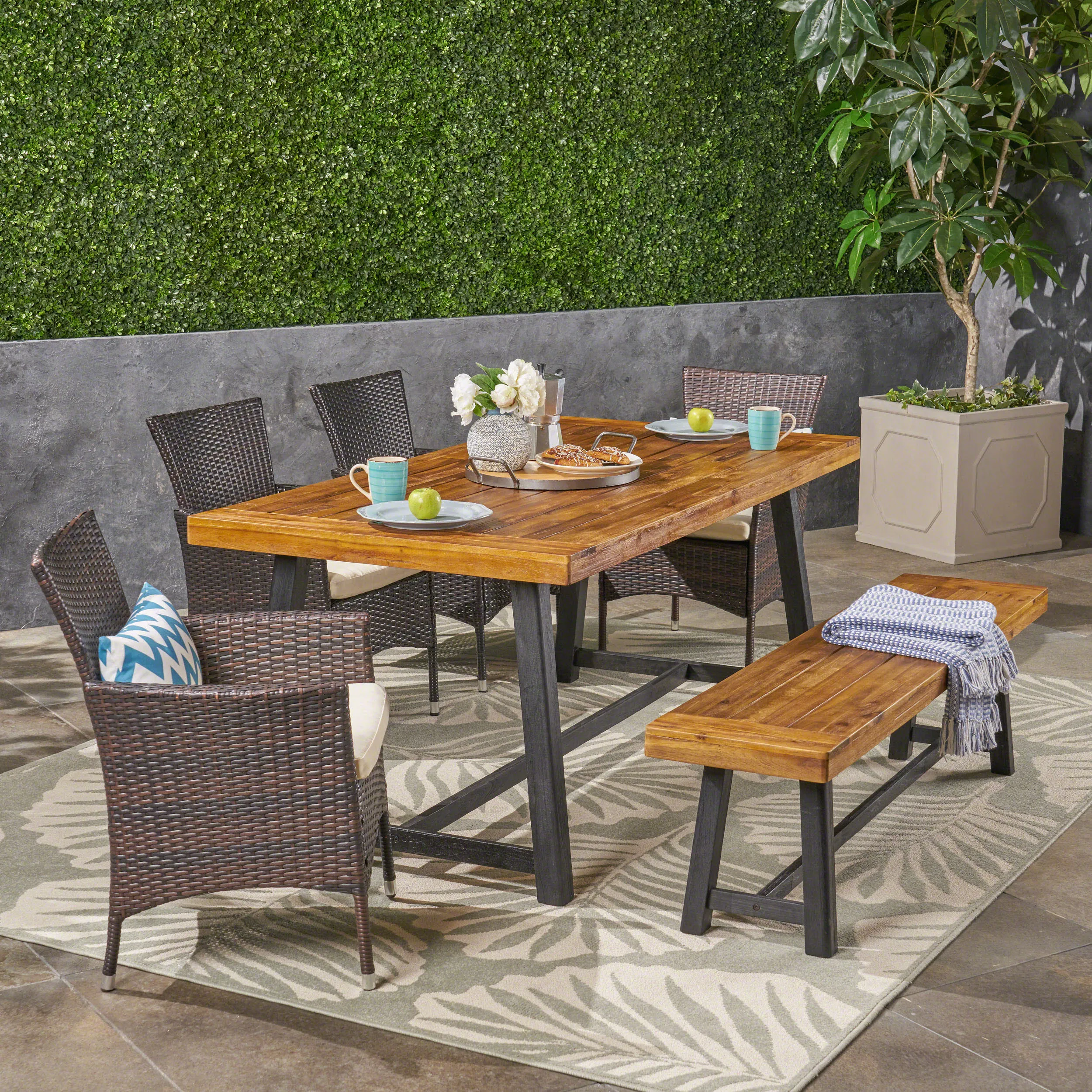 Outdoor 6 Piece Dining Set with Stacking Wicker Chairs and Bench, Sandblast Teak and Black and Multi Brown - NH152603 patio chairs, outdoor seating