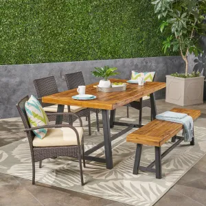 Outdoor 6 Piece Dining Set with Stacking Wicker Chairs and Bench, Sandblast Teak and Black and Multi Brown - NH942603 patio chairs, outdoor seating
