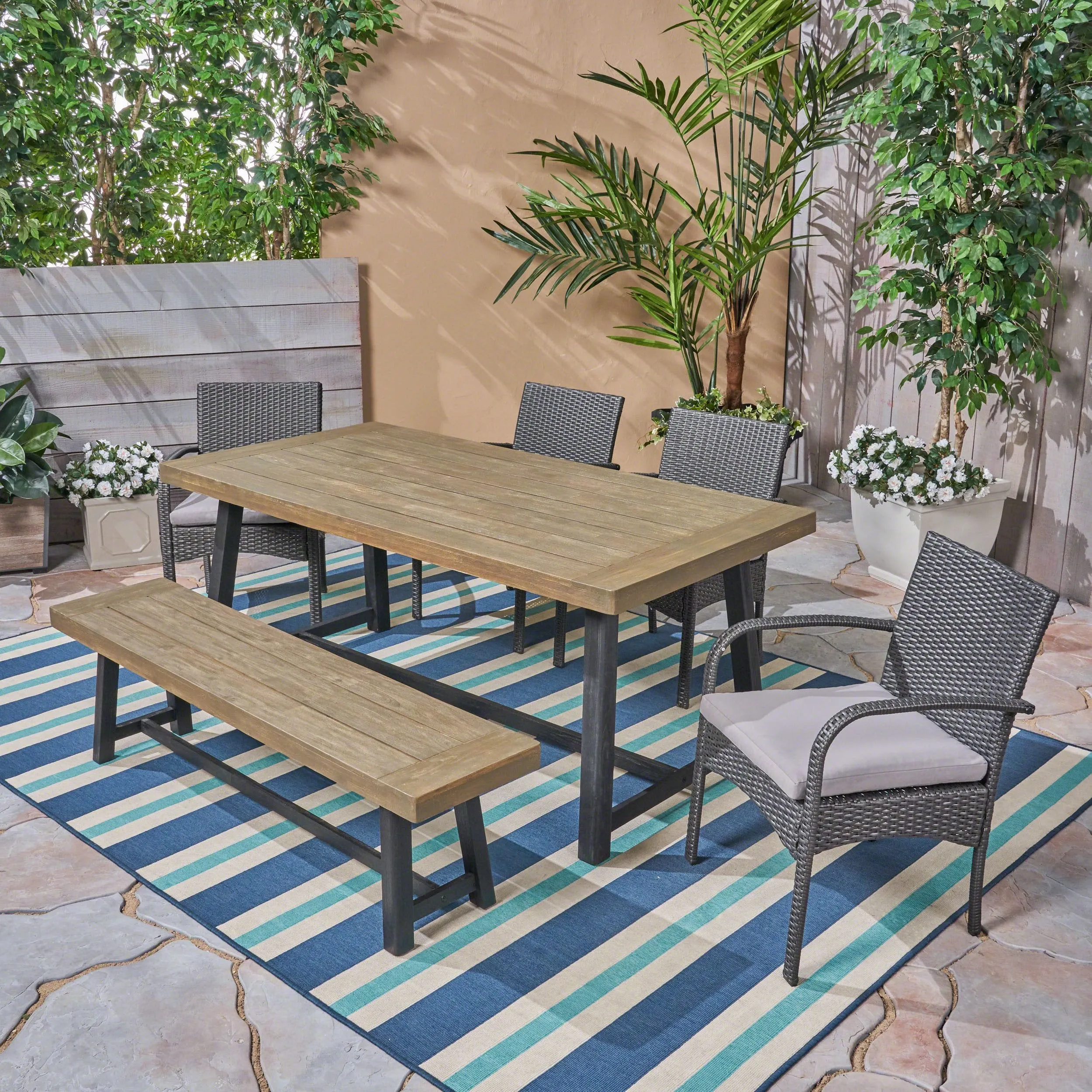 Outdoor 6 Piece Dining Set with Wicker Chairs and Bench - NH842603 patio chairs, outdoor seating