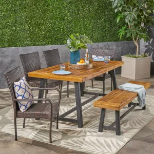 Outdoor 6 Piece Dining Set with Wicker Chairs and Bench, Sandblast Teak and Multi Brown and Beige - NH342603 patio chairs, outdoor seating