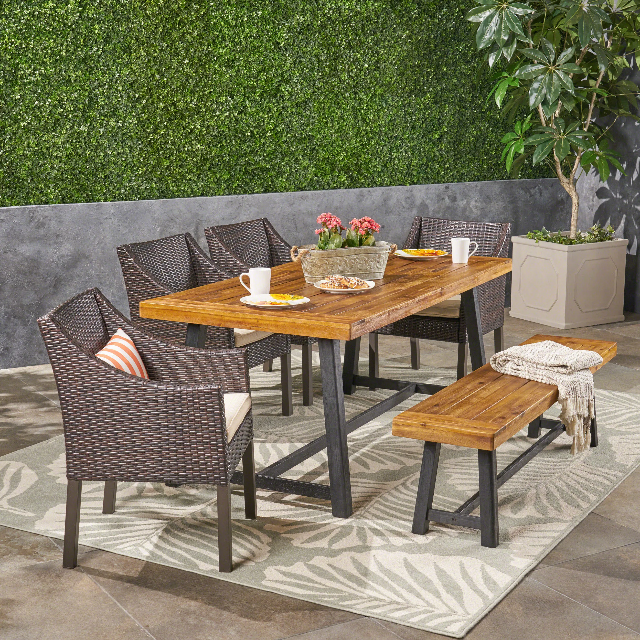 Outdoor 6 Piece Dining Set with Wicker Chairs and Bench, Sandblast Teak and Multi Brown and Beige - NH742603 patio chairs, outdoor seating