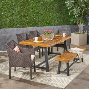 Outdoor 6 Piece Dining Set with Wicker Chairs and Bench, Sandblast Teak and Multi Brown and Beige - NH742603 patio chairs, outdoor seating