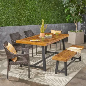 Outdoor 6 Piece Dining Set with Wicker Chairs and Bench, Sandblast Teak and Multi Brown and Cream - NH542603 patio chairs, outdoor seating