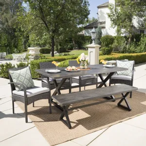 Outdoor 6 Piece Gray Aluminum Dining Set with Bench and Gray Wicker Dining Chairs - NH594203 patio chairs, outdoor seating