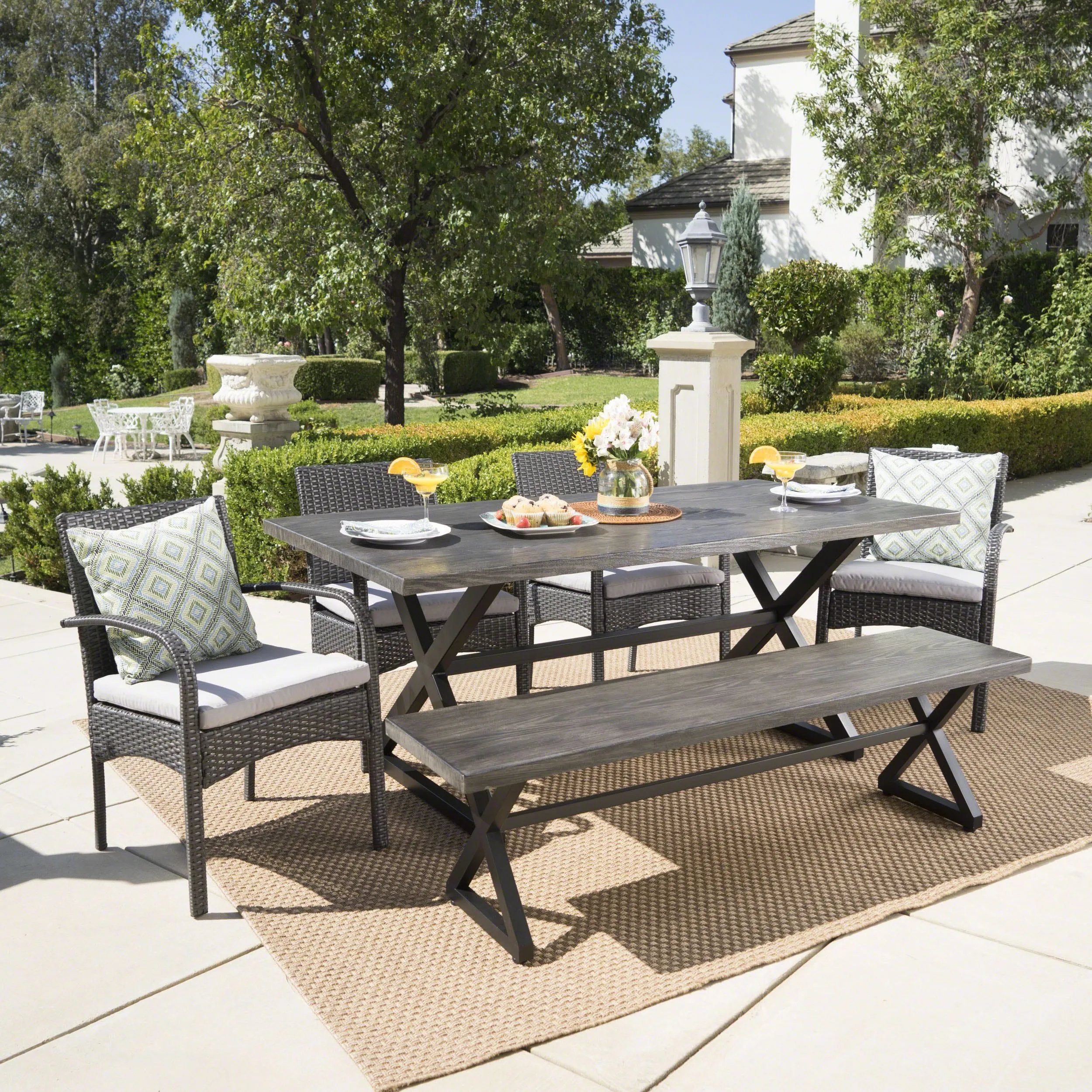 Outdoor 6 Piece Gray Aluminum Dining Set with Bench and Gray Wicker Dining Chairs - NH594203 patio chairs, outdoor seating