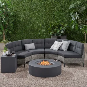 Outdoor 6 Piece Mixed Black Wicker Half Round Sofa Set with Dark Grey Fire Table - NH288992 patio chairs, outdoor seating