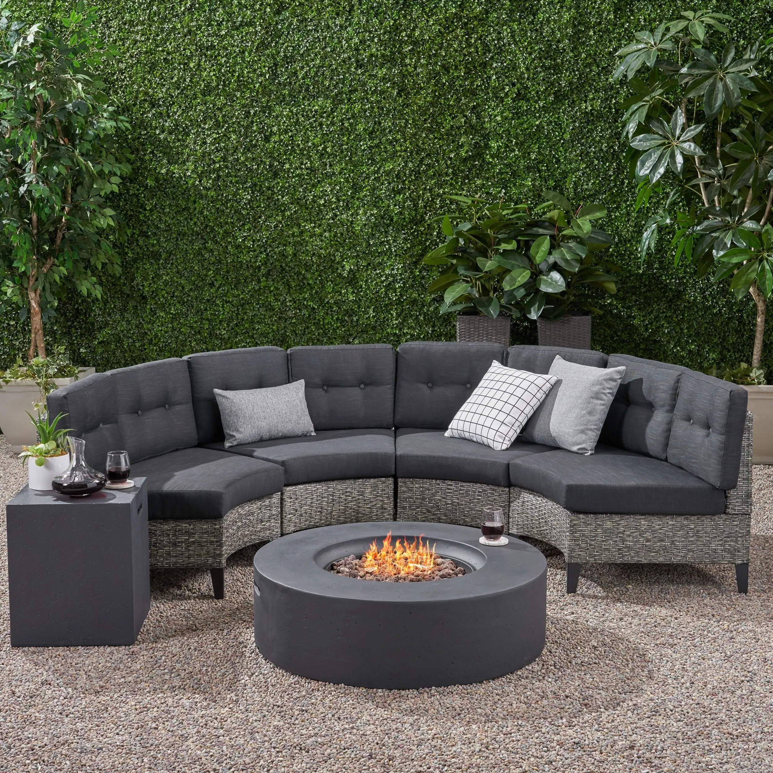 Outdoor 6 Piece Mixed Black Wicker Half Round Sofa Set with Dark Grey Fire Table - NH288992 patio chairs, outdoor seating