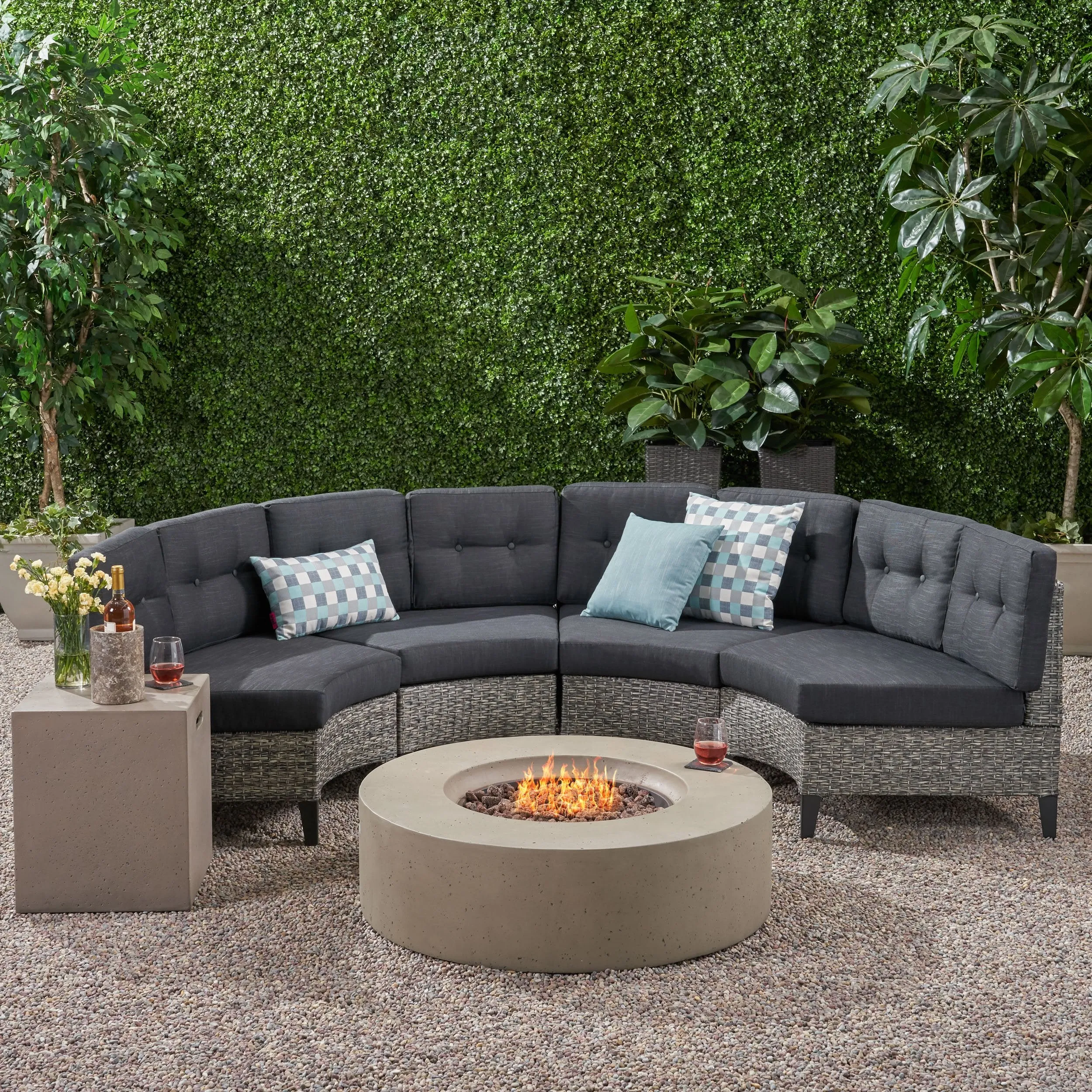 Outdoor 6 Piece Mixed Black Wicker Half Round Sofa Set with Light Grey Fire Table - NH388992 patio chairs, outdoor seating