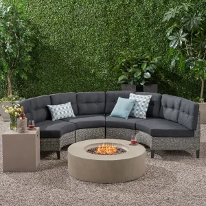 Outdoor 6 Piece Mixed Black Wicker Half Round Sofa Set with Light Grey Fire Table - NH388992 patio chairs, outdoor seating