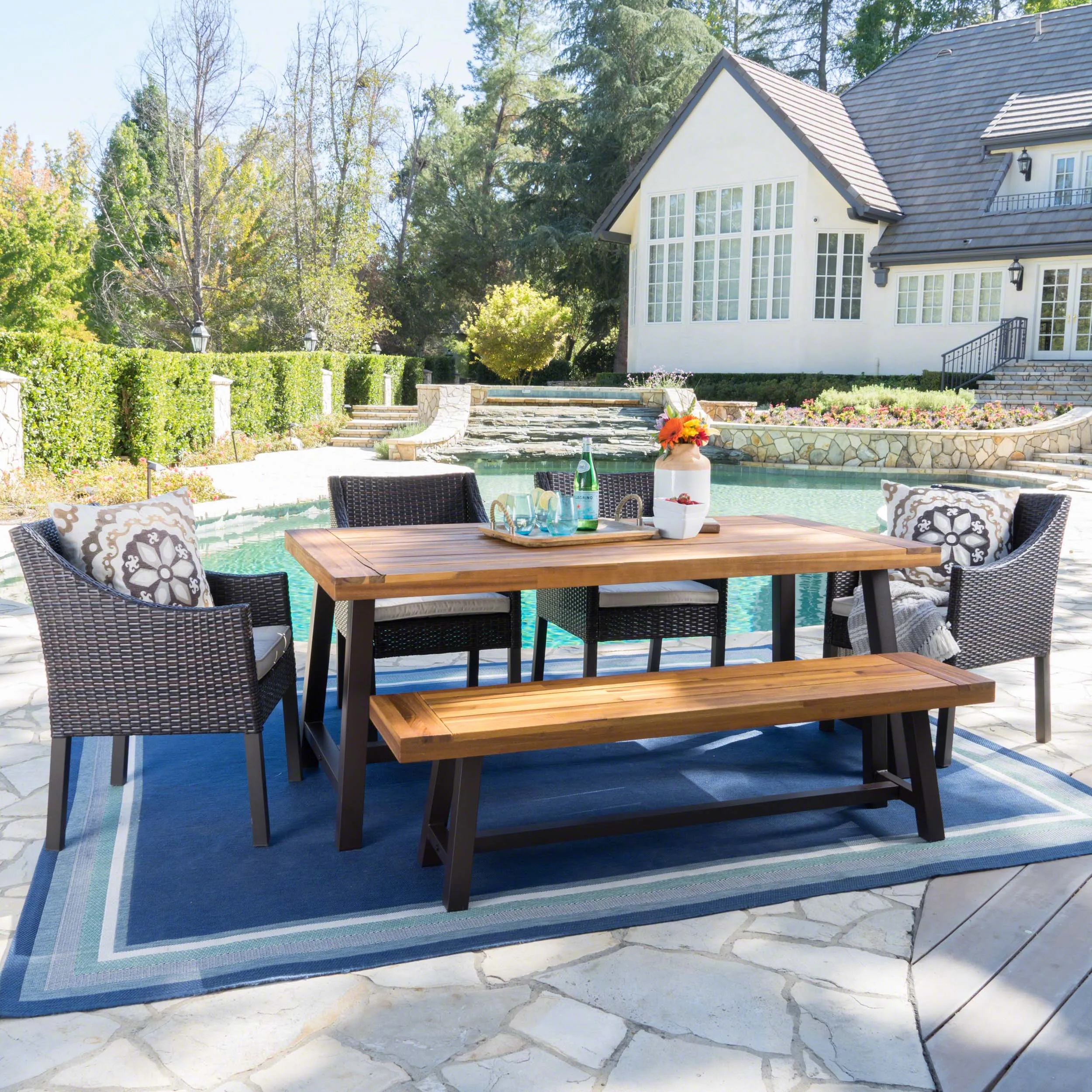 Outdoor 6 Piece Multi-brown Wicker and Acacia Sandblast Wood Dining Set - NH423203 patio chairs, outdoor seating