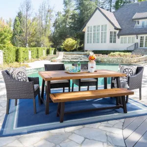 Outdoor 6 Piece Multi-brown Wicker and Acacia Sandblast Wood Dining Set - NH423203 patio chairs, outdoor seating