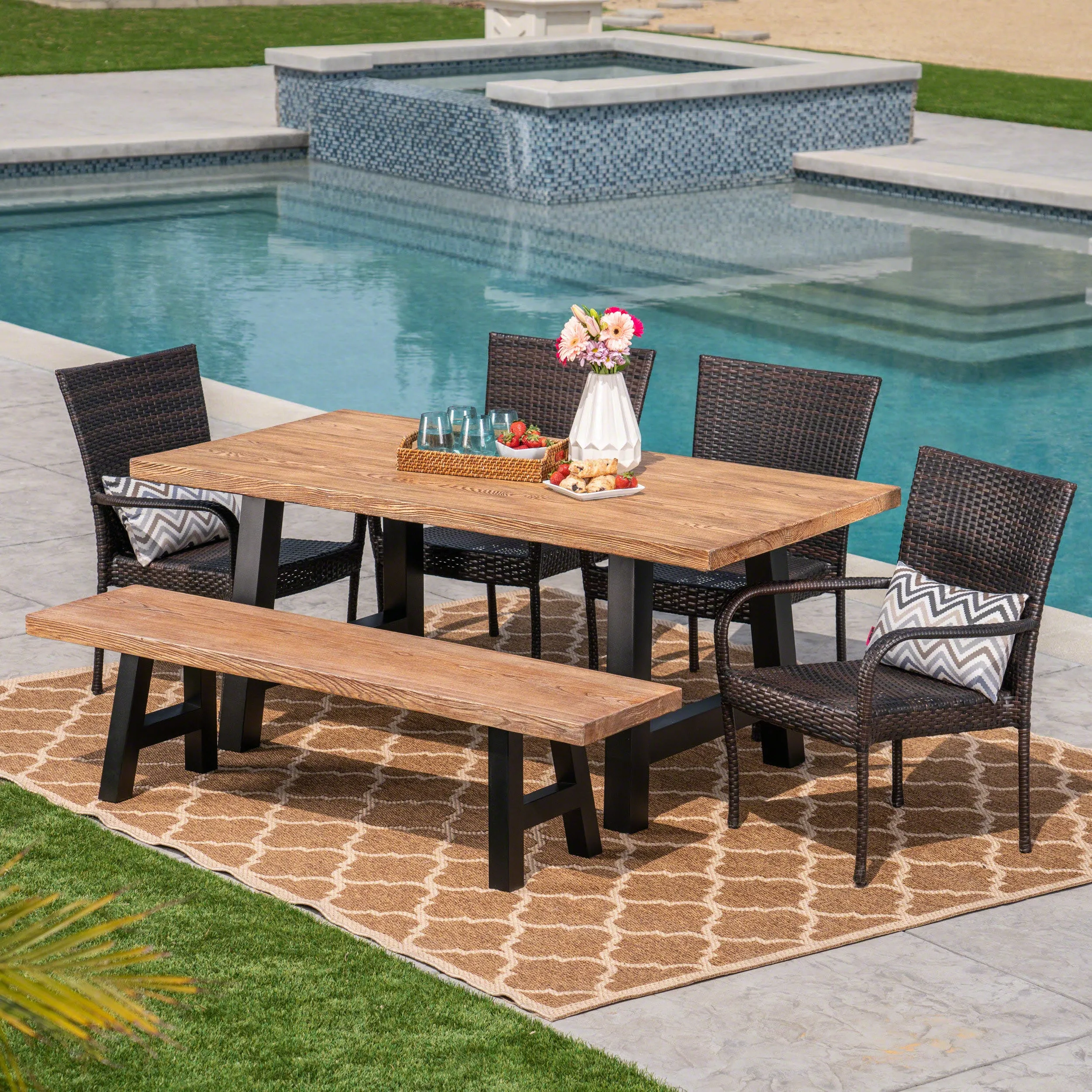 Outdoor 6-Piece Stacking Wicker and Concrete Lightweight Dining Set with Natural Oak Finish in Multibrown - NH297303 patio chairs, outdoor seating