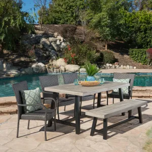 Outdoor 6 Piece Stacking Wicker Dining Set with Acacia Wood Table and Bench - NH909303 patio chairs, outdoor seating