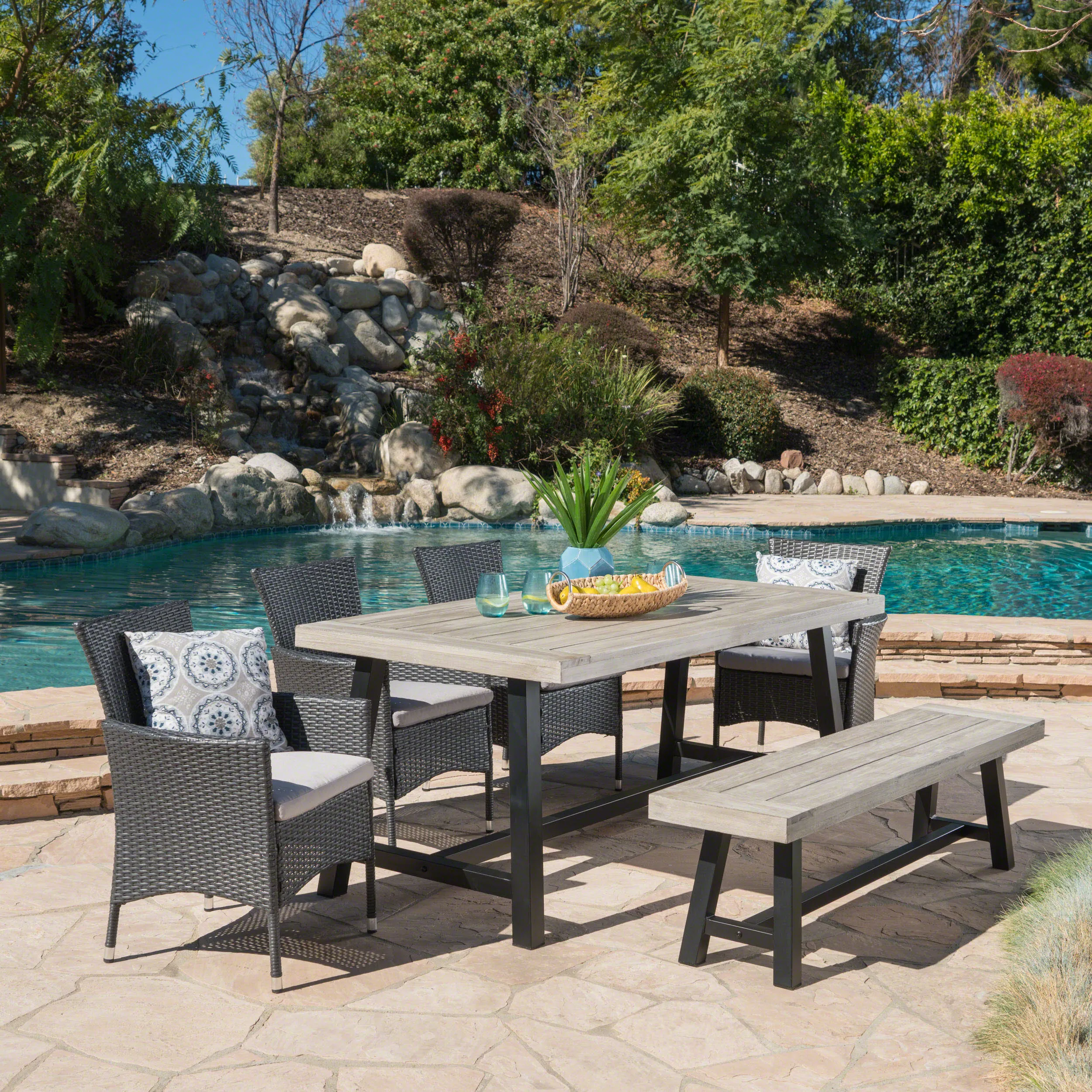 Outdoor 6 Piece Wicker Dining Set with Acacia Wood Table and Bench - NH709303 patio chairs, outdoor seating