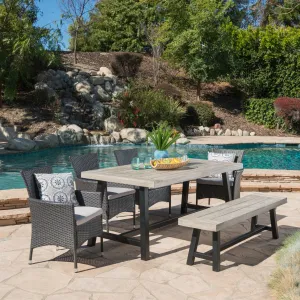 Outdoor 6 Piece Wicker Dining Set with Acacia Wood Table and Bench - NH709303 patio chairs, outdoor seating
