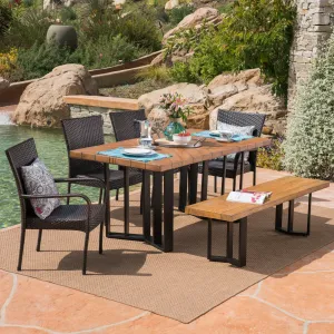 Outdoor 6 Piece Wicker Dining Set with Concrete Dining Table and Bench - NH121403 patio chairs, outdoor seating