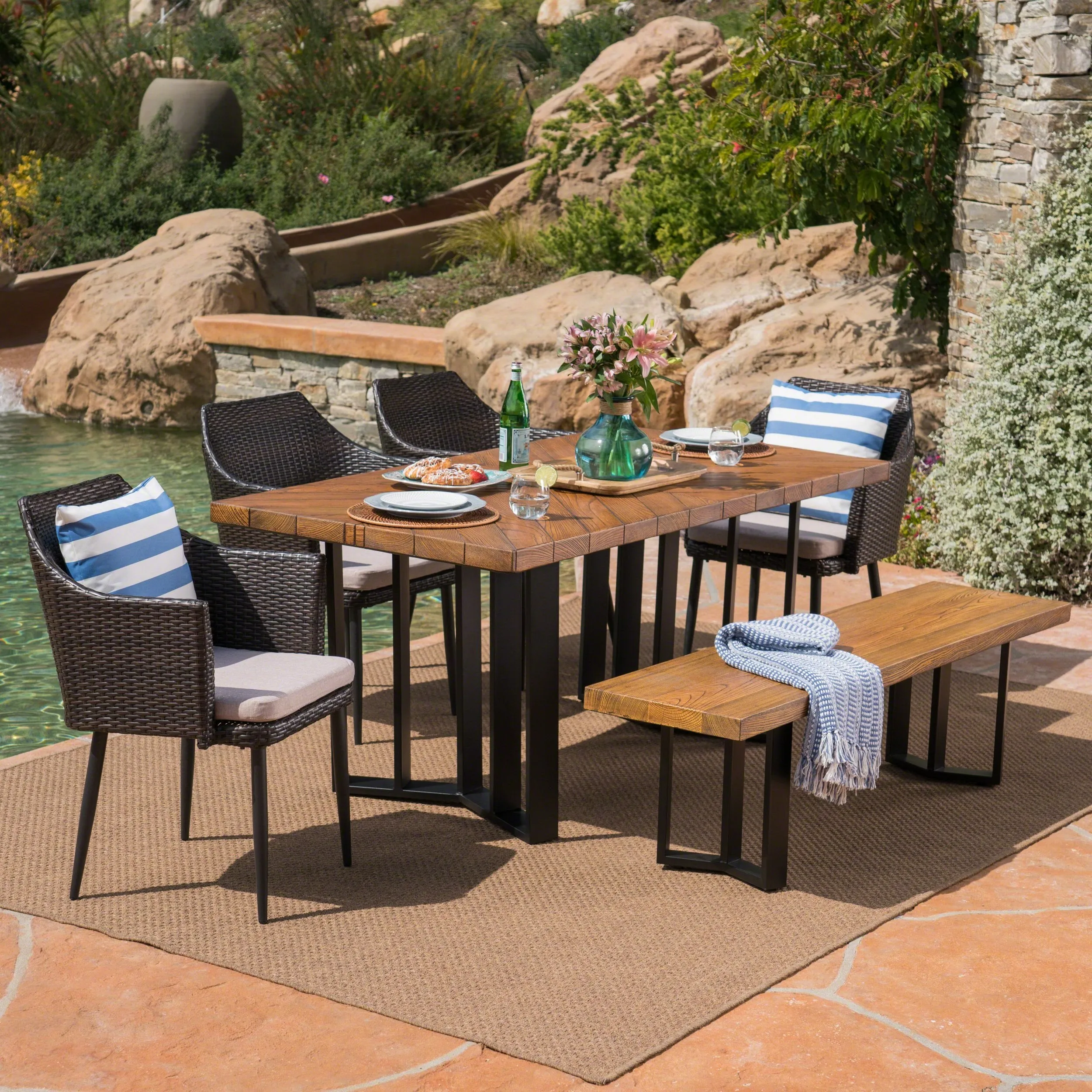 Outdoor 6 Piece Wicker Dining Set with Concrete Dining Table and Bench - NH311403 patio chairs, outdoor seating