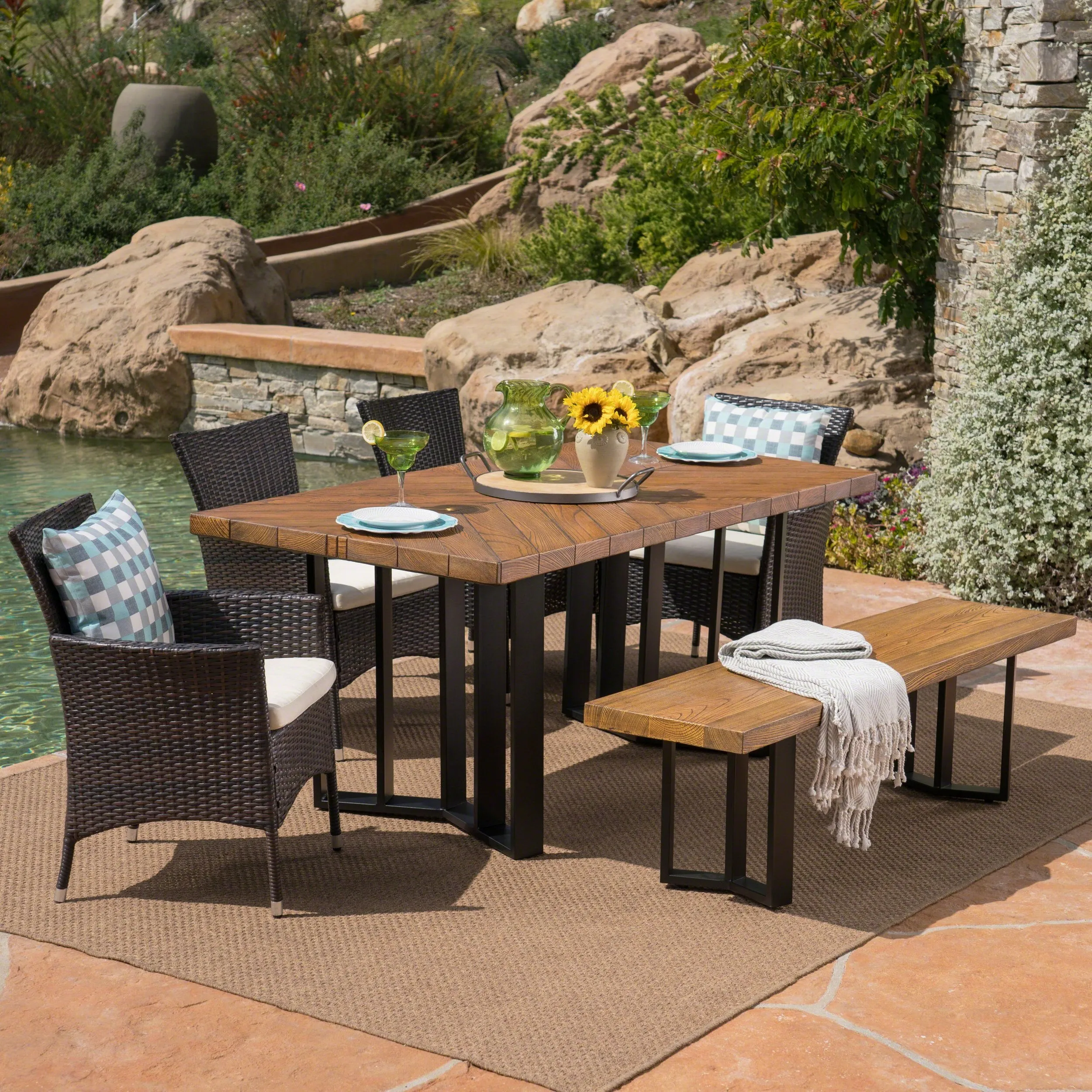 Outdoor 6 Piece Wicker Dining Set with Concrete Dining Table and Bench - NH711403 patio chairs, outdoor seating