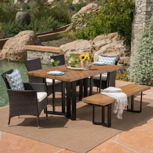 Outdoor 6 Piece Wicker Dining Set with Concrete Dining Table and Bench - NH711403 patio chairs, outdoor seating
