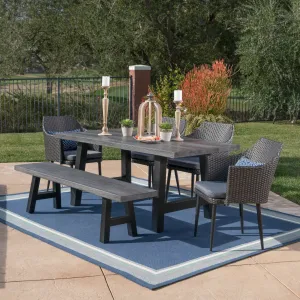 Outdoor 6 Piece Wicker Dining Set with Concrete Table and Bench - NH997303 patio chairs, outdoor seating
