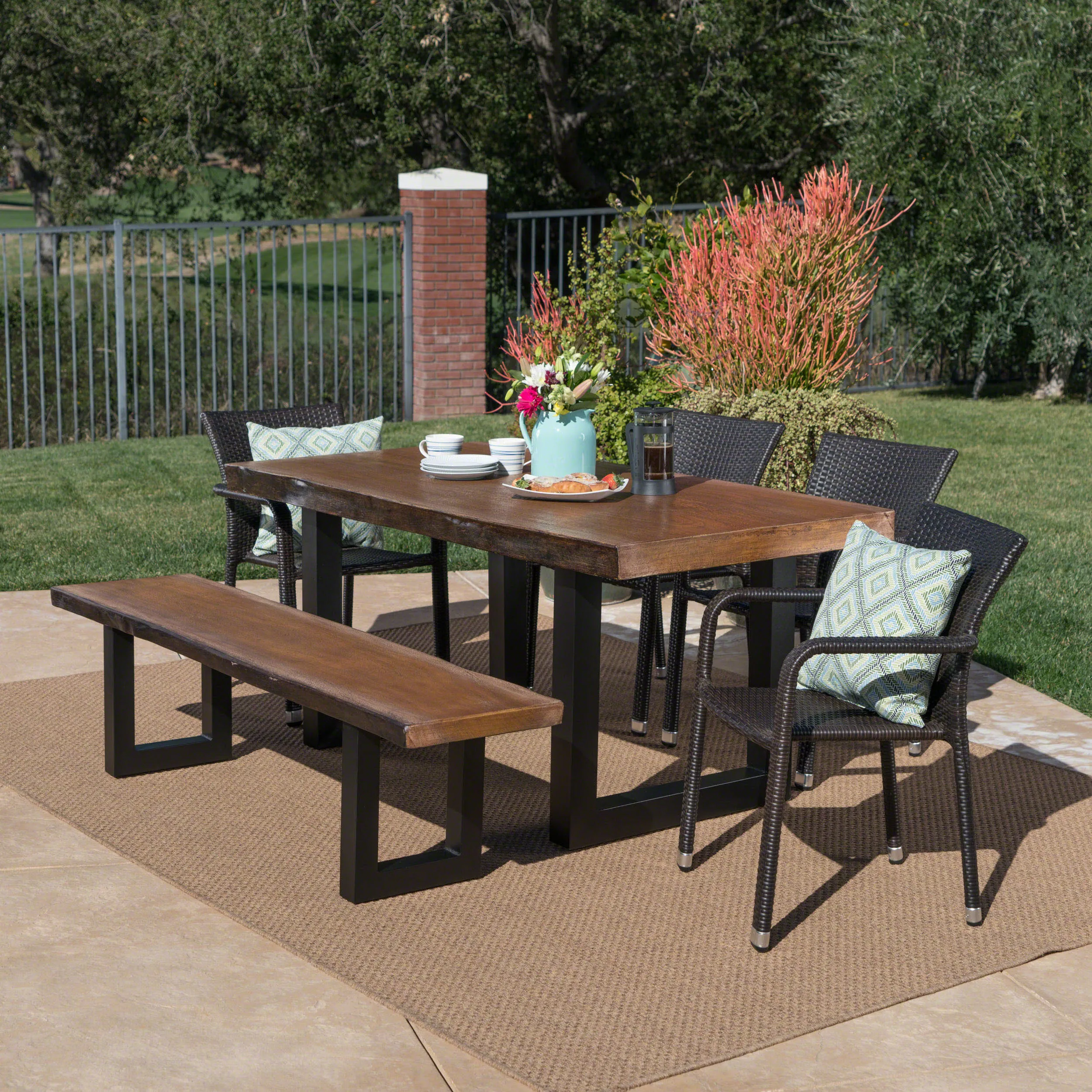Outdoor 6 Piece Wicker Dining Set with Light Weight Concrete Table and Bench - NH118303 patio chairs, outdoor seating