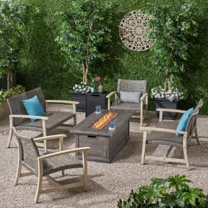 Outdoor 6 Piece Wood and Wicker Chat Set with Fire Pit - NH971803 patio chairs, outdoor seating