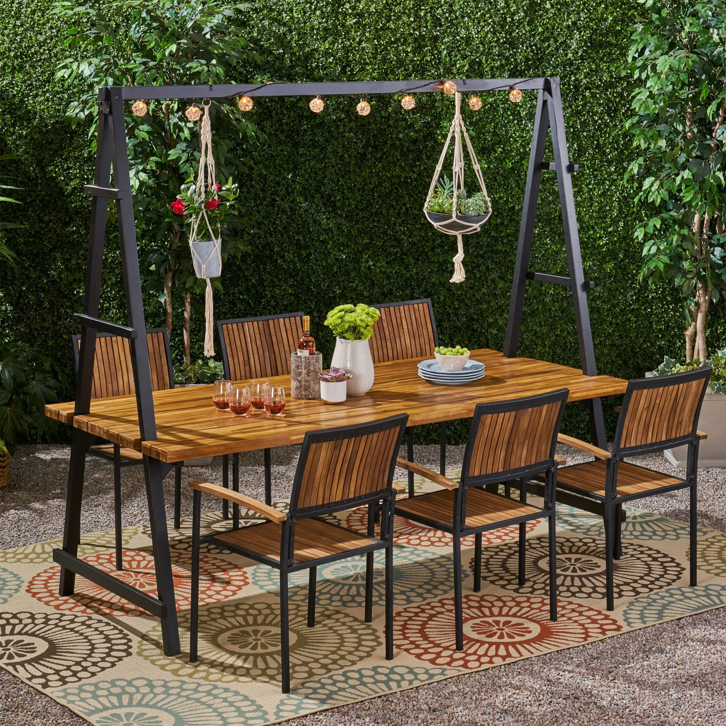 Outdoor 6 Seater Acacia Wood and Iron Planter Dining Set - NH127903 patio chairs, outdoor seating