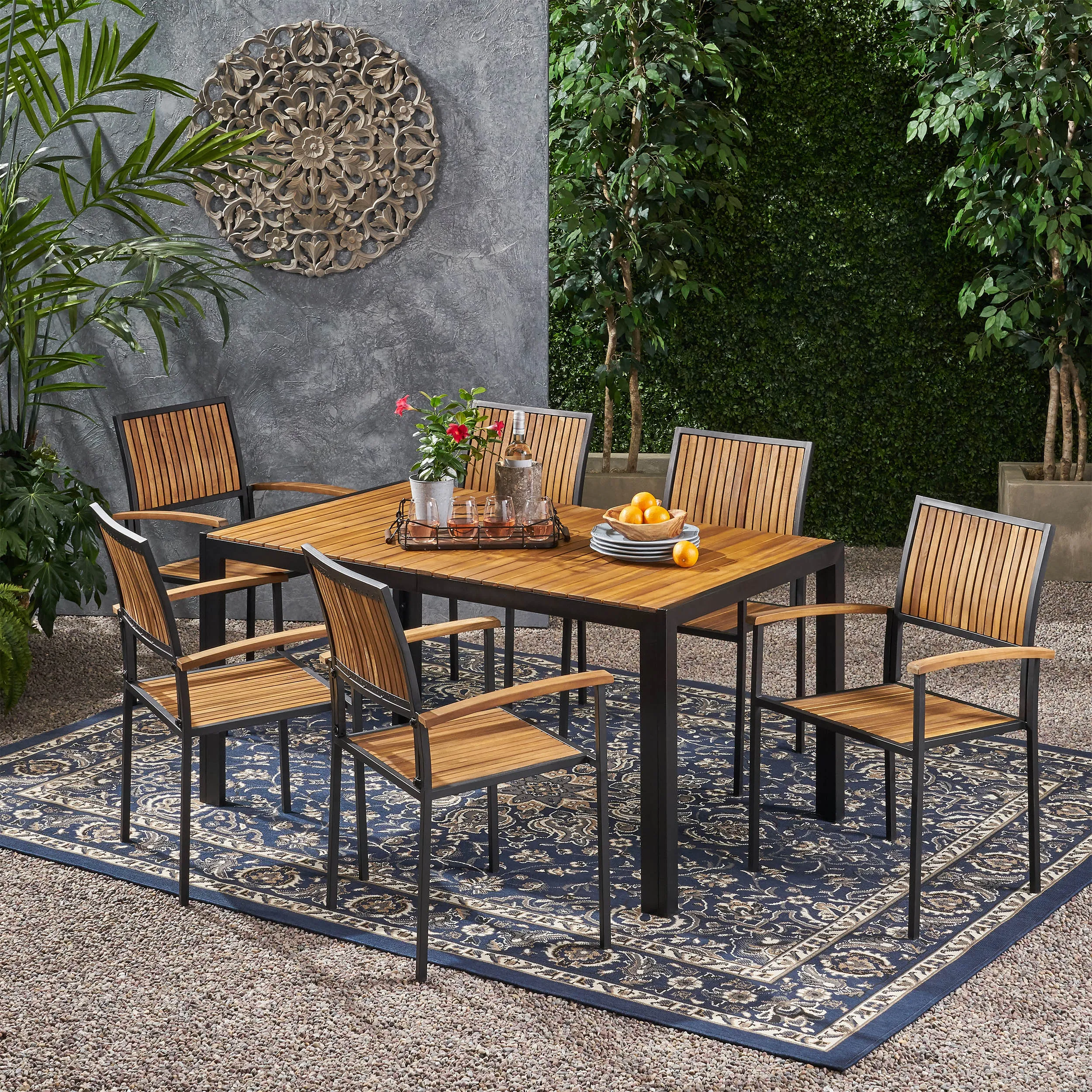 Outdoor 6 Seater Acacia Wood Dining Set with an Iron Frame - NH117903 patio chairs, outdoor seating