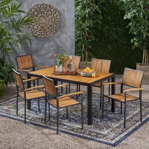 Outdoor 6 Seater Acacia Wood Dining Set with an Iron Frame - NH117903 patio chairs, outdoor seating