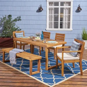 Outdoor 6-Seater Acacia Wood Dining Set with Bench - NH605603 patio chairs, outdoor seating