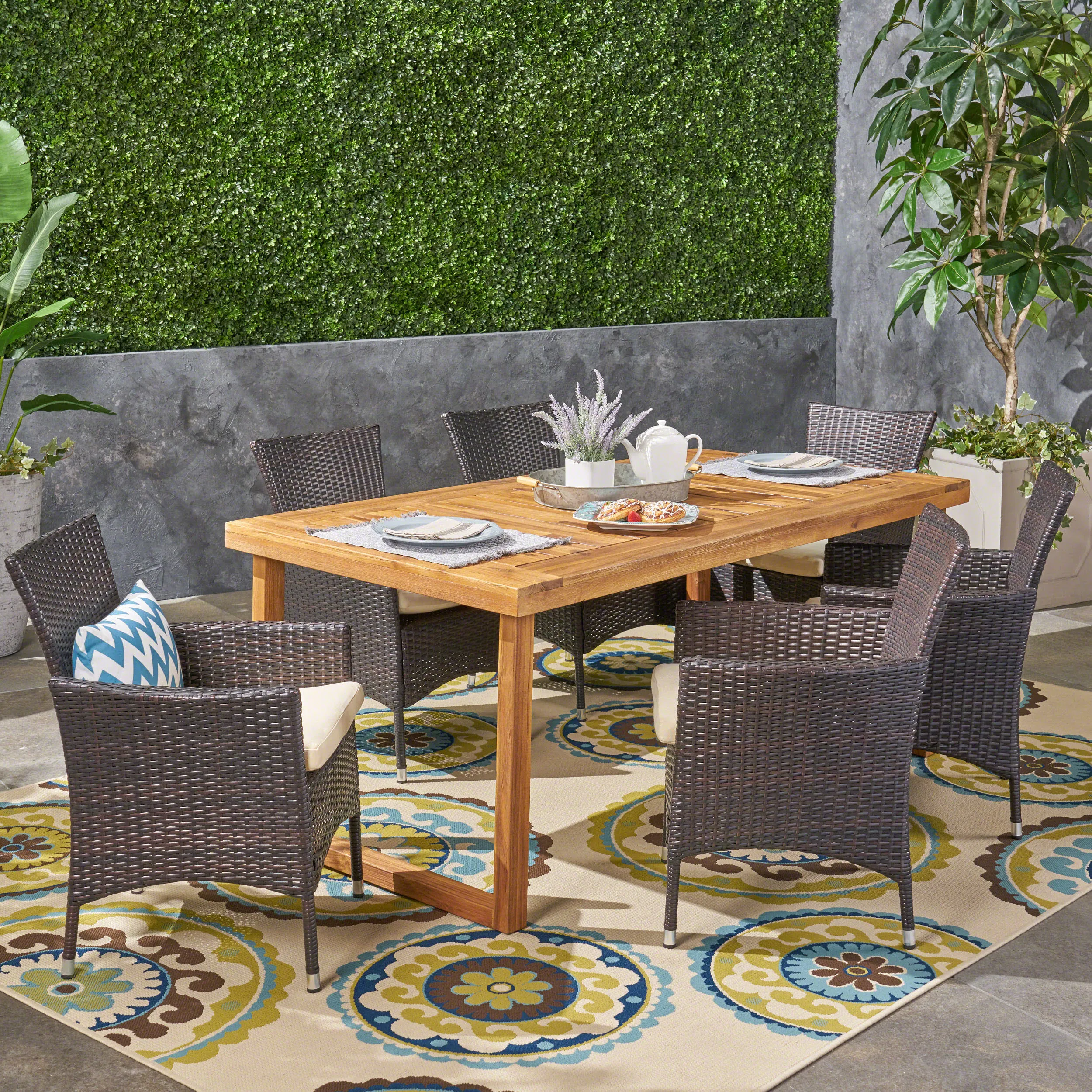 Outdoor 6-Seater Acacia Wood Dining Set with Wicker Chairs, Sandblast Natural Finish and Multi Brown and Beige - NH370603 patio chairs, outdoor seating