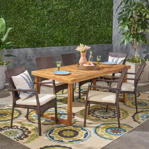 Outdoor 6-Seater Acacia Wood Dining Set with Wicker Chairs, Sandblast Natural Finish and Multi Brown and Beige - NH570603 patio chairs, outdoor seating